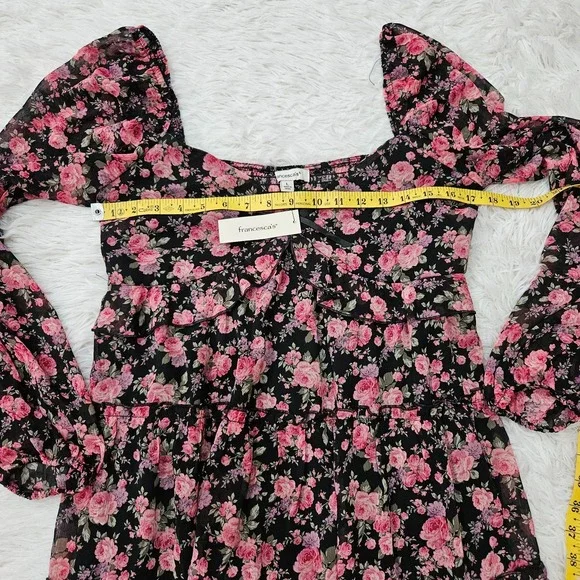 NWT Francesca's Sz L Pink Floral Babydoll Balloon Sleeve Tiered Mini Dress - Picture 8 of 11